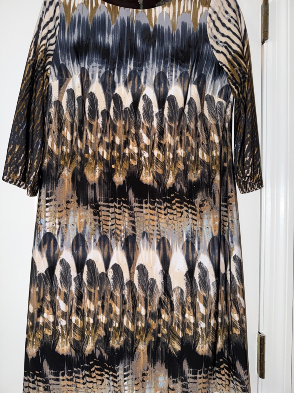 Feather Print A-Line Dress in Black, Tan, Cream